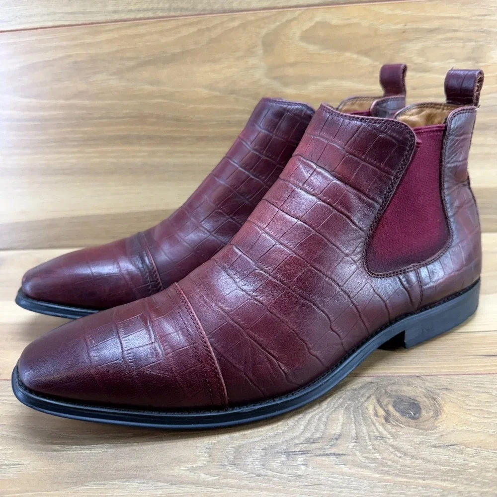 Salvatore Ferragamo Chelsea Boots Mens 8 EU 42 Burgundy Croc Embossed Square Toe